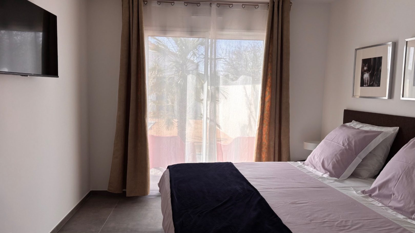 Chambre moderne avec lit double, télévision et fenêtres laissant entrer la lumière.